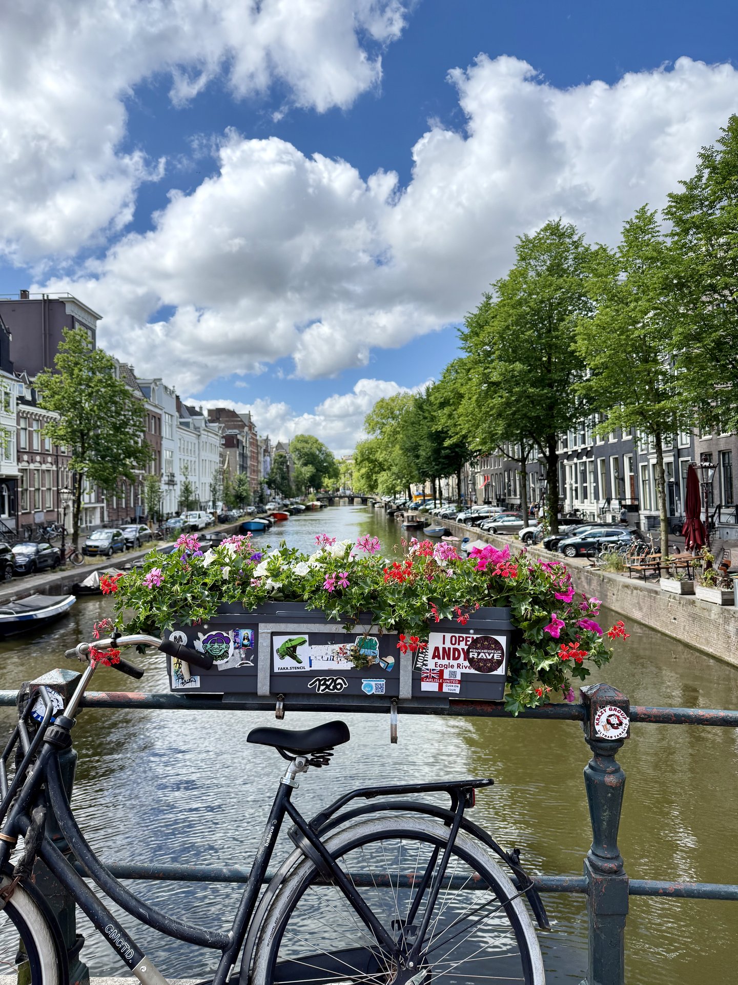 Bicycle and flowers on an Amsterdam bridge overlooking a canal