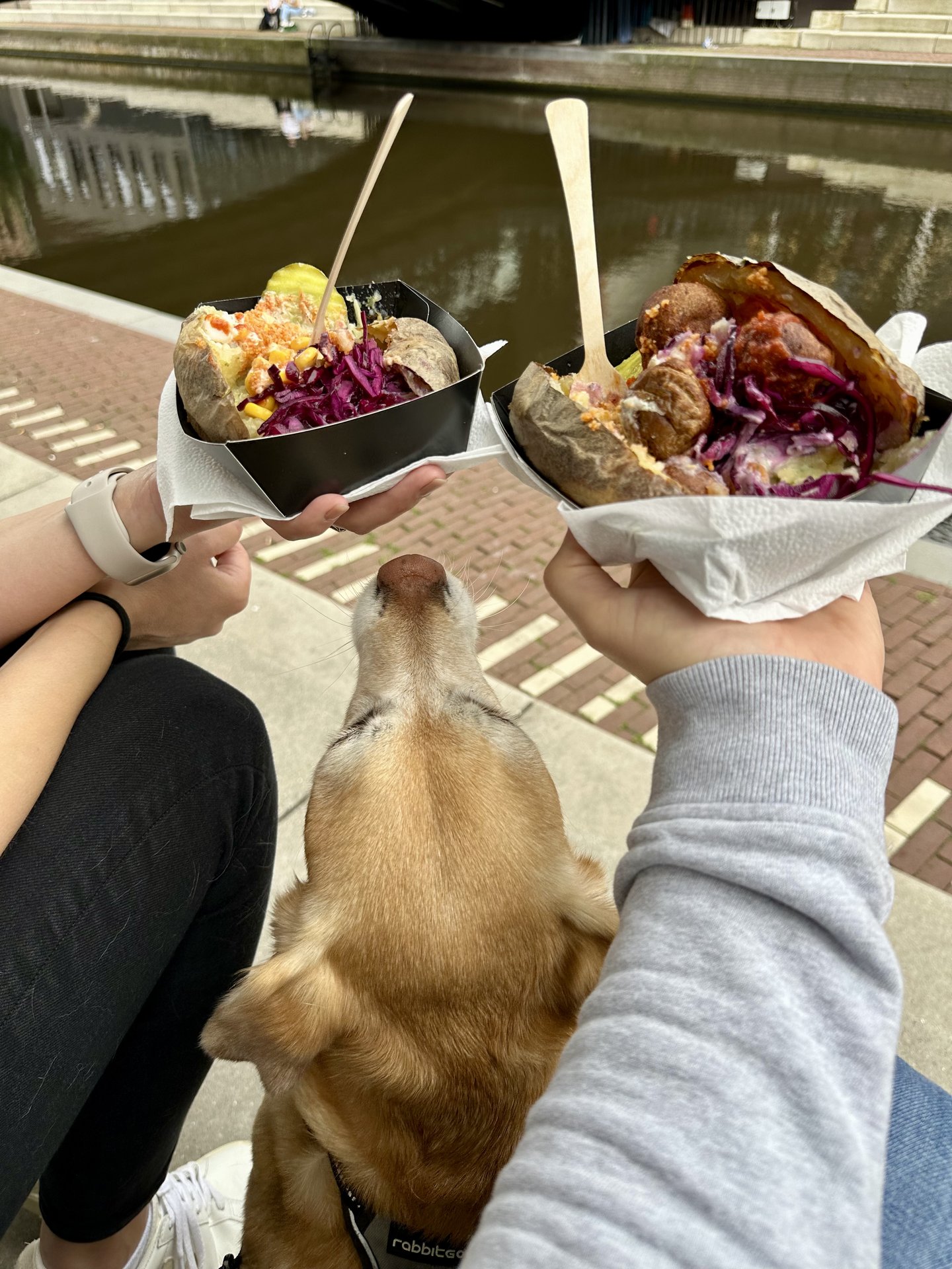 Two loaded kumpir baked potatoes enjoyed canalside in Amsterdam