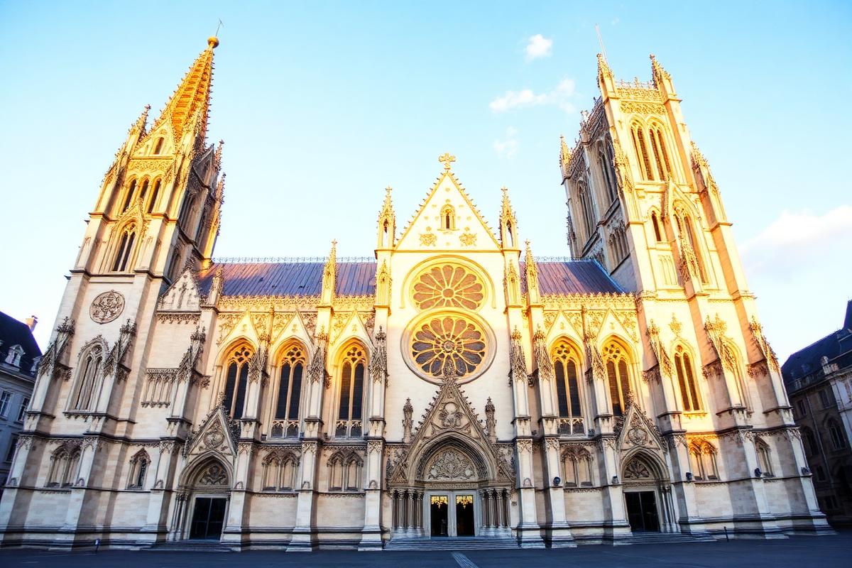 The grand Gothic facade of Reims Cathedral bathed in golden light