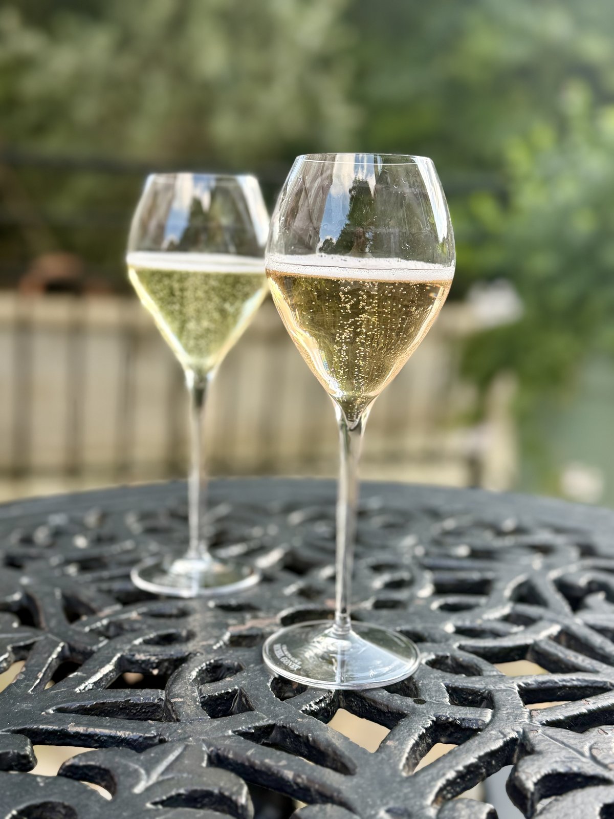 Champagne flutes raised for a toast with Champagne vineyards in the background