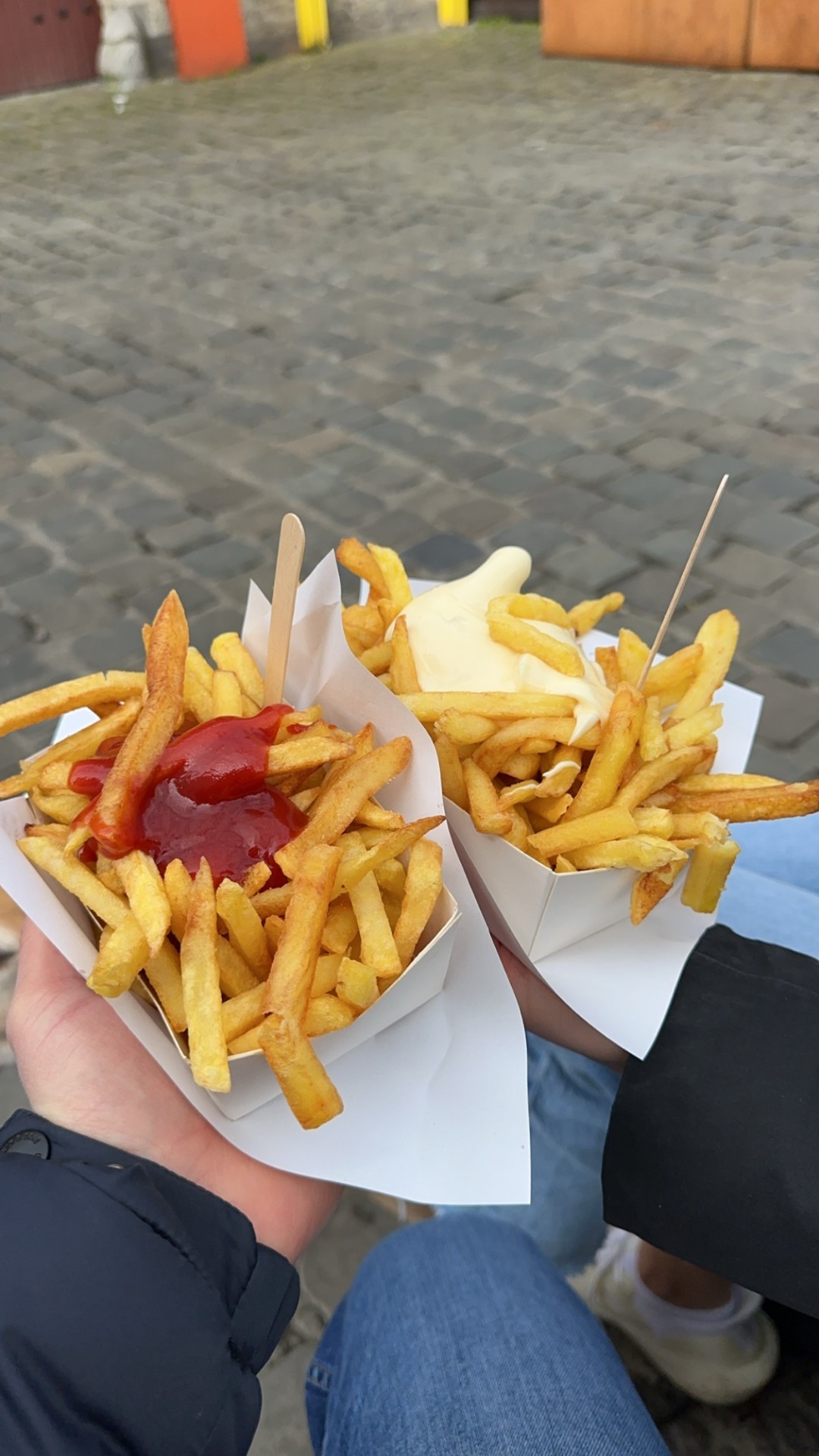 Belgian frites with ketchup and mayo from Frituur Bij Filip in Ghent