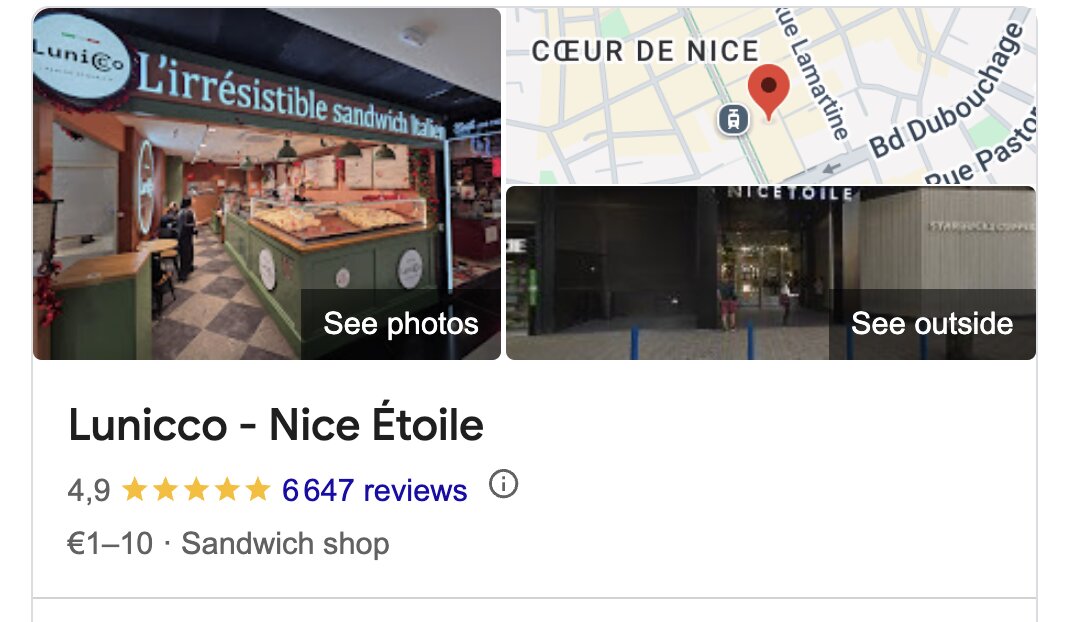 Google reviews for Lunicco, Nice Etoile