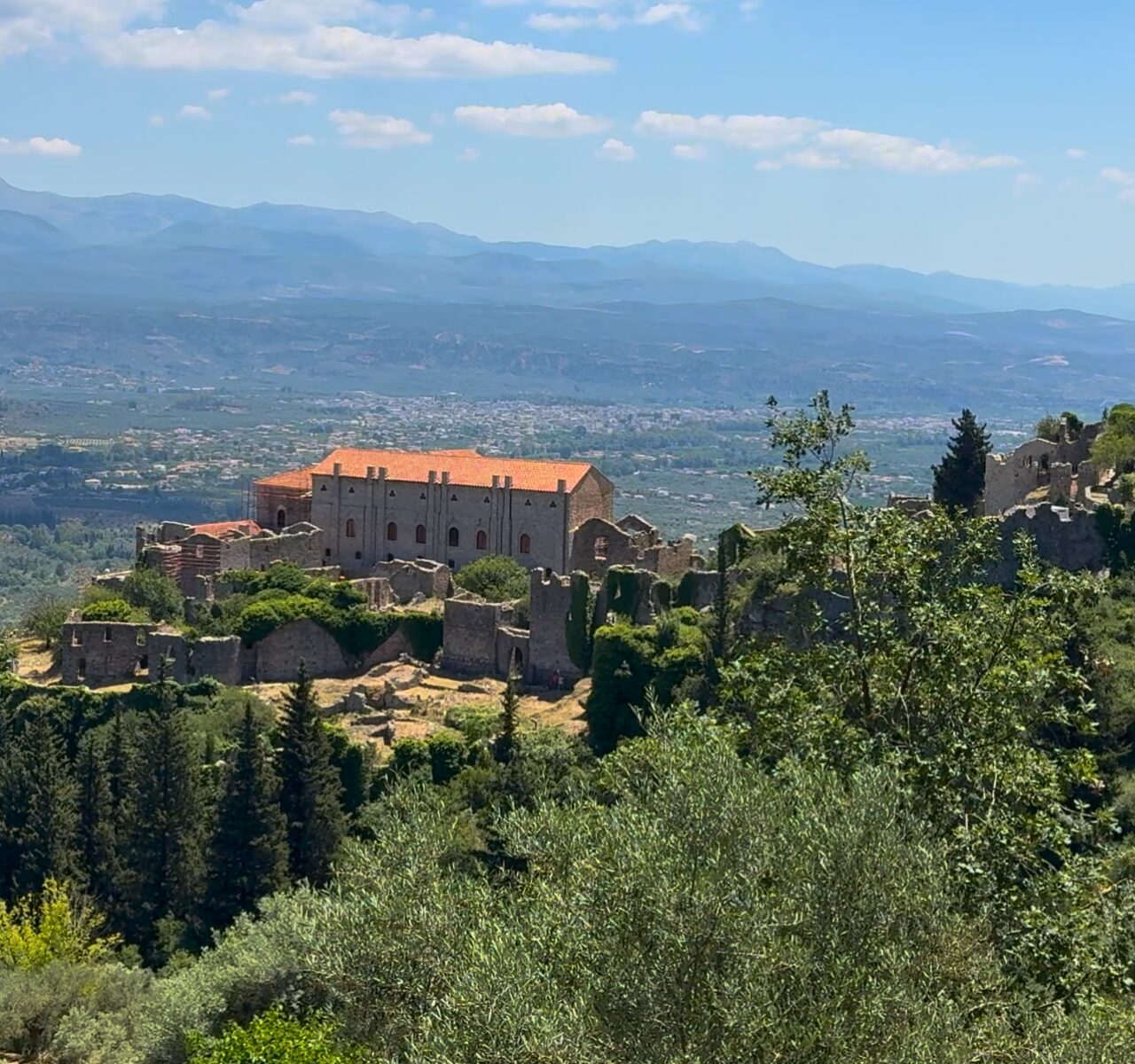 Byzantine ruins of Mystras on a hillside in the Peloponnese, Greece
