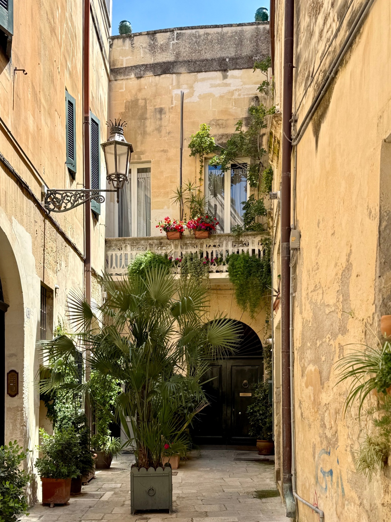 Narrow alleyway in Lecce with palm trees, flower boxes, and golden sandstone walls